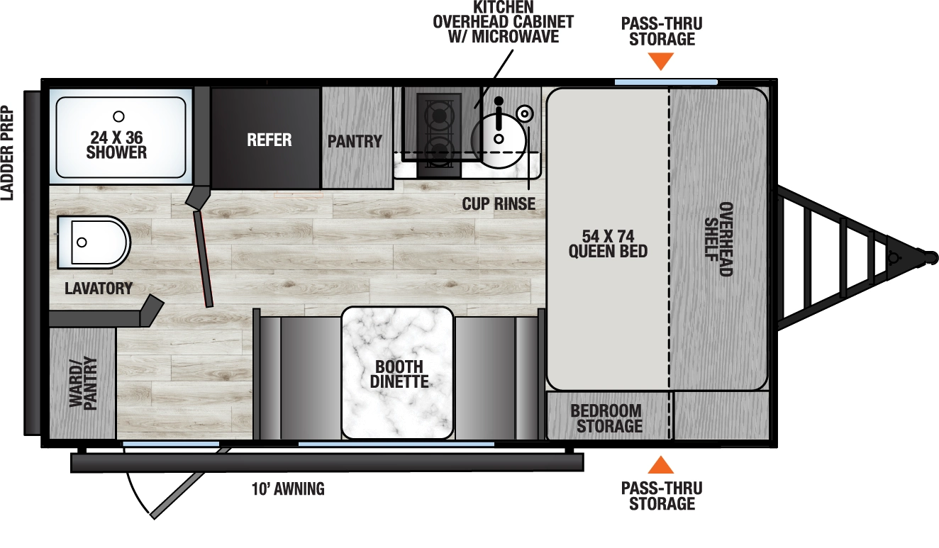 The Viking Travel Trailers 16FB floorplan has one entry and zero slide outs. Exterior features include: metal exterior and 10' awning. Interiors features include: front bedroom.